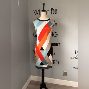 EUC Tahari ASL Geometric Mini Dress in Orange, Blue & Red Size 2